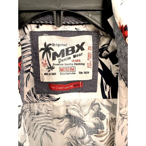 MBX Denim Wear Men’s Button Up Shirt Tropical Floral Hawaiian White Size M - Picture 3 of 7